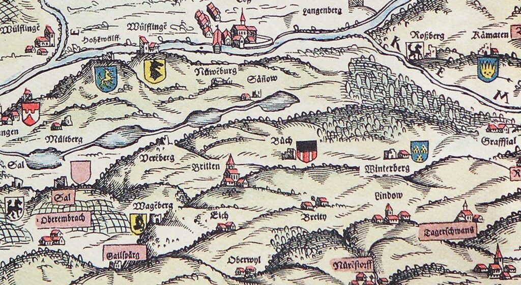 Brütten, als «Britten» auf dem Murerplan von 1566 abgebildet (Bildmitte). Zu dieser Zeit ist Brütten als Rechtsperson, also als «Gemeinde», in gerichtlichen Streitigkeiten nachweisbar. (Bild: Wikimedia Commons)