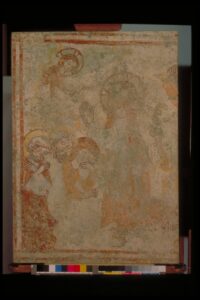 Wandgemälde. Ölbergszene: Jesus empfängt den Leidenskelch. Schlagwort: Brütten (ZH), ehem. mittelalterliche Kirche (Standort ref. Kirche heute)/Oberdo ehemalige Kirche. Um 1325. 130 x 95 cm. Freskomalerei auf Mauerwerk, Seccomalerei.